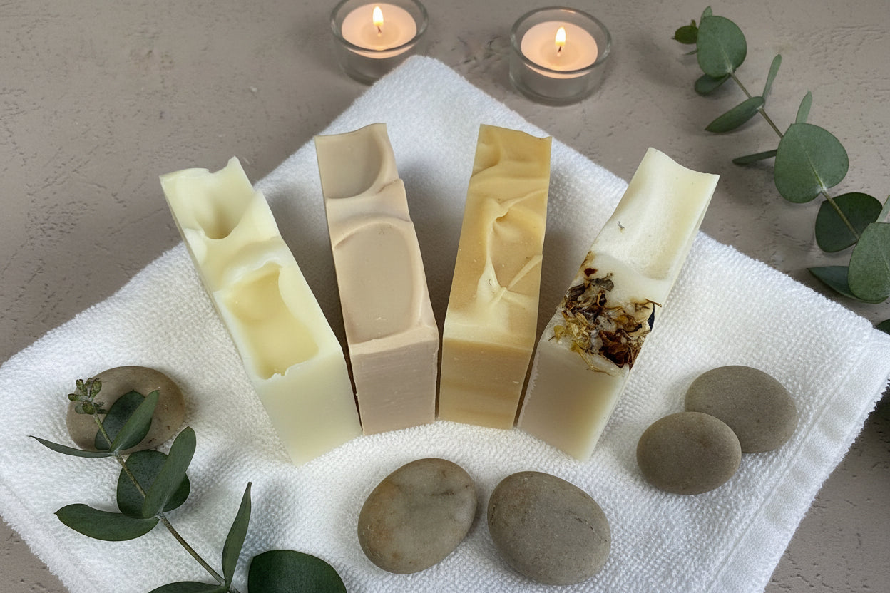 4 bars of soap on a towel with a spa scene